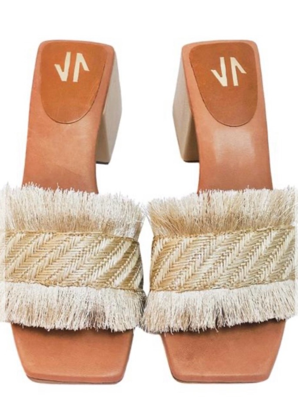 VA Fringe Raffia Block Heel Mules - Tan/Beige